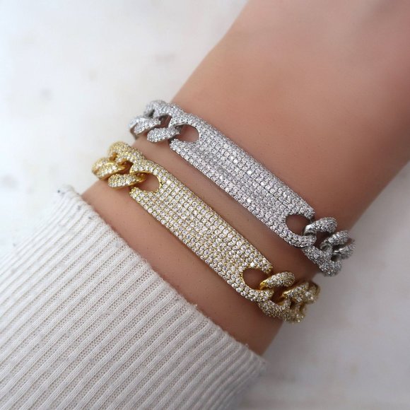 Gold Plated 12mm Pave Diamond CZ Cuban Link ID Bracelet, Cuban Link Bar Bracelet - Picture 1 of 8